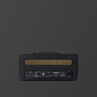 A black Marshall Origin20 guitar amplifier head is shown against a plain dark background, featuring rear input and output ports and a top handle.