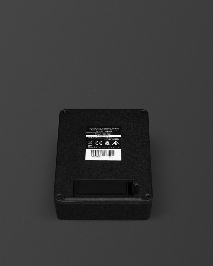 The back label of the Marshall JVM Overdrive pedal.