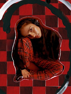 Frau Marshall Major V Black On-Ear-Kopfhörer gegen einen abstrakten roten Schachbrett-Hintergrund.