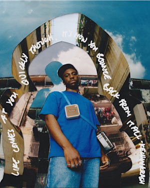 A collage of Kelvin Krash with a Marshall Willen cream portable speaker.