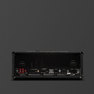 The rear view of a black Marshall JVM205 guitar amplifier head displays various input and output jacks, switches, and labels on a dark background.