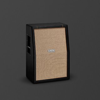 A black Marshall Studio JTM 2x12 speaker cabinet with a beige fabric front panel and a central Marshall logo, placed against a plain dark background.