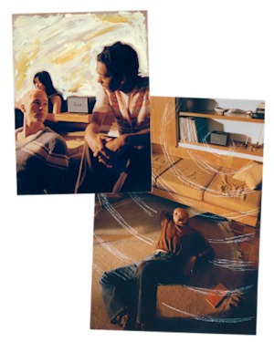 Collage of photos  of a man and a woman listening to Marshall Acton III