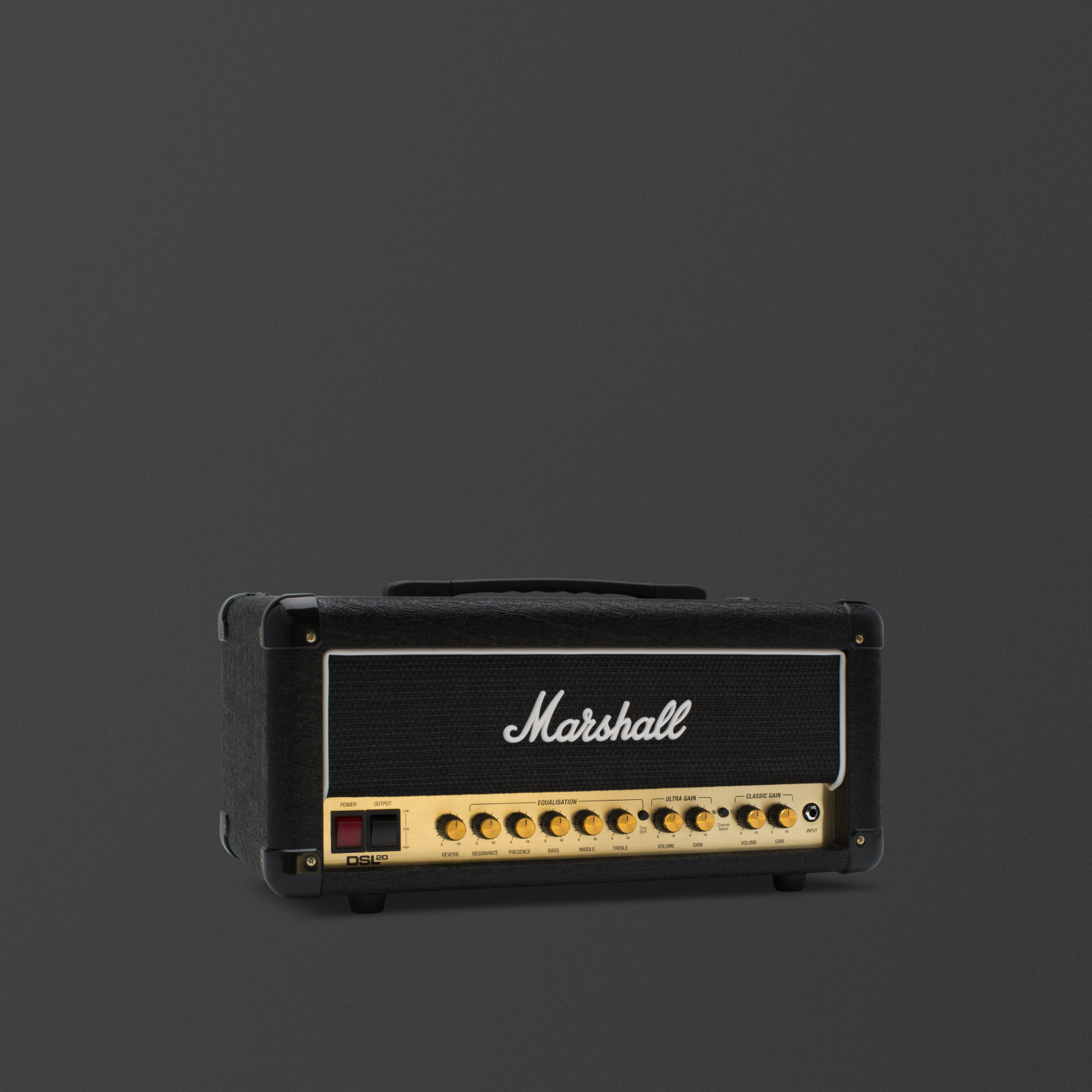 Slightly angled image of the front of the Marshall DSL20 Head amplifier. 