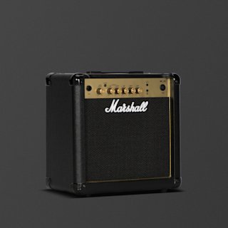 A black Marshall MG15G guitar amplifier combo with brass control knobs and a front panel, photographed against a plain dark background.
