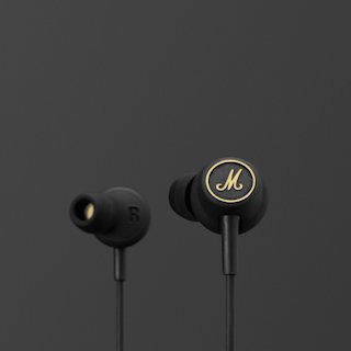 Un par de auriculares Marshall Mode EQ negros con logotipo dorado.