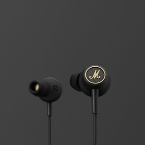 A pair of black Marshall Mode EQ earphones with a gold logo.