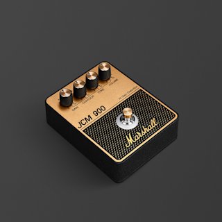 A Marshall JCM900 guitar effects pedal with four control knobs labeled gain, contour, treble, and volume, on a dark background.