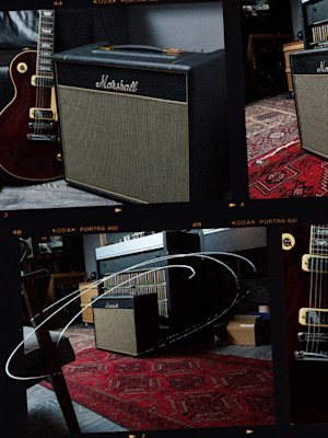 Amplificadores Marshall Studio Vintage Combo y guitarras sobre una alfombra.