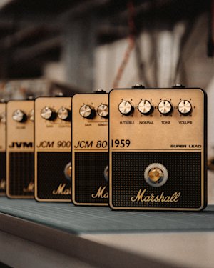 Overdrive pedals aligned in a row