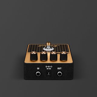 A black and brass Marshall JVM Overdrive Pedal with four control knobs, a footswitch, and input/output jacks on a dark background.