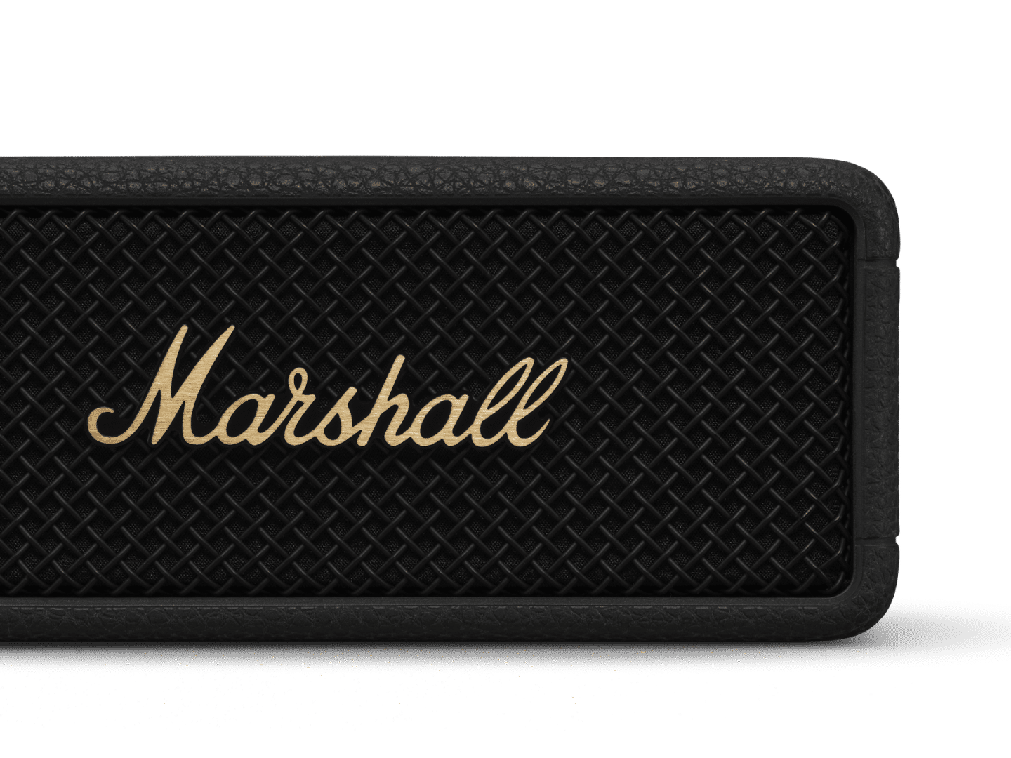 Close-up of the Marshall Emberton III Black and Brass portable speaker with a textured front grille and the brand logo in gold letters, featuring Bluetooth connectivity.