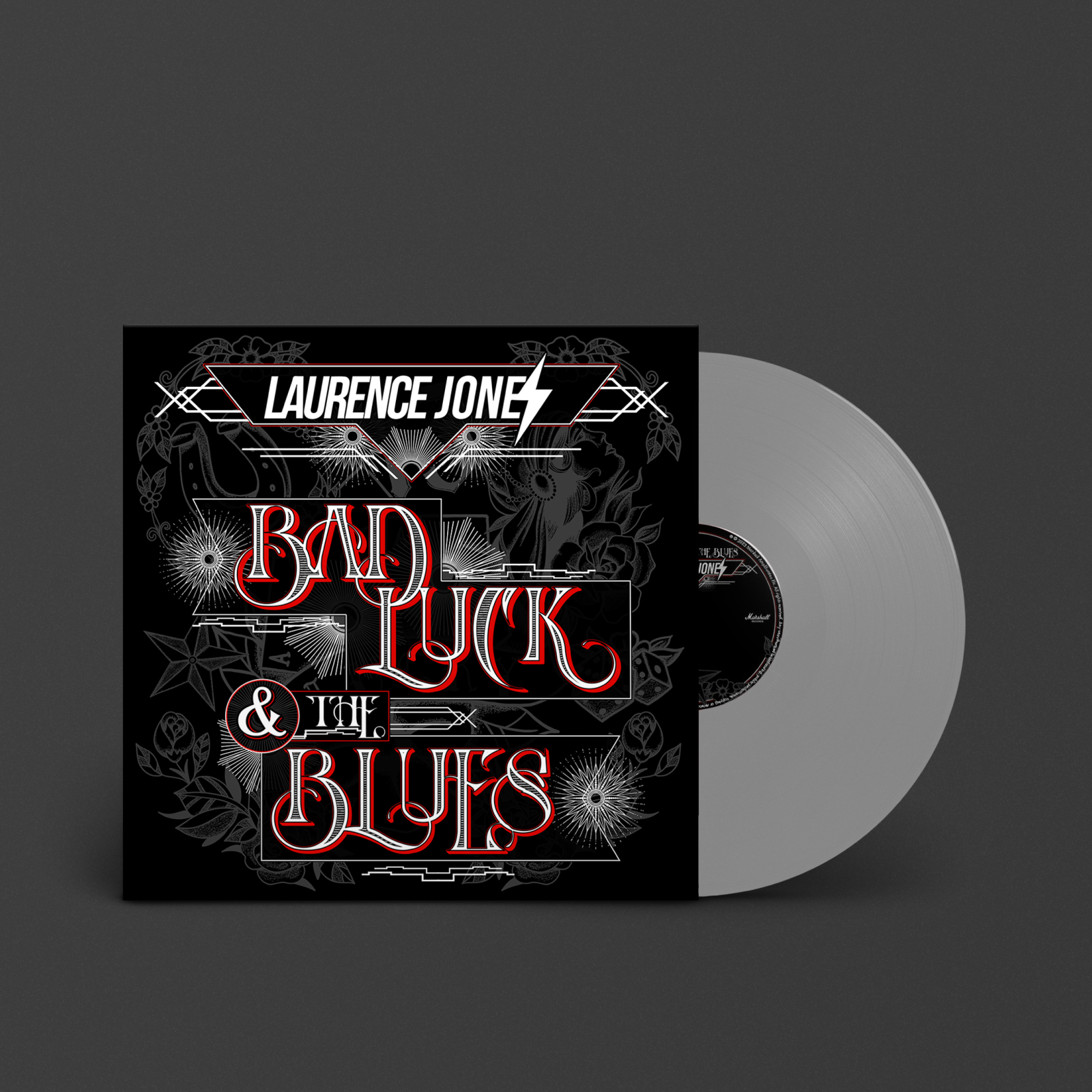 Image of the silver vinyl recore *Bad luck & the Blues' from the artist Laurence Jones.