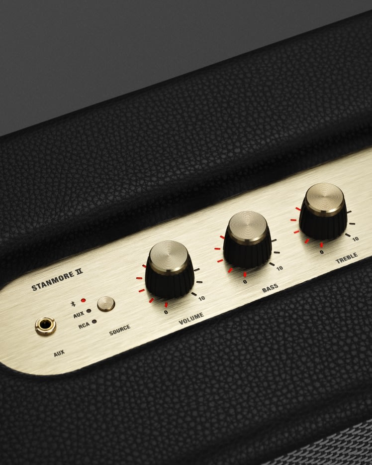 A close up of a black Marshall Stanmore II Bluetooth black speaker.