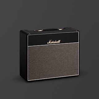 A black Marshall 1974x hand wired guitar amplifier with brass accents and a handle on top, set against a plain gray background.