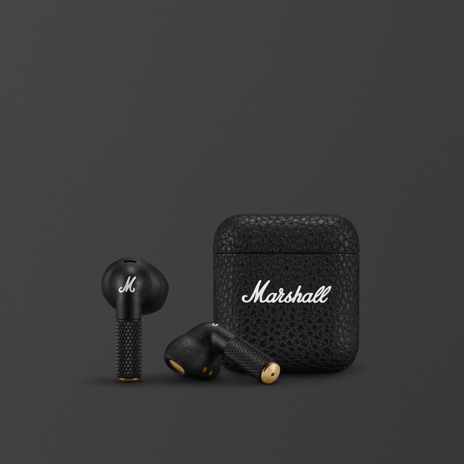 Marshall Minor IV true wireless earbuds in black.