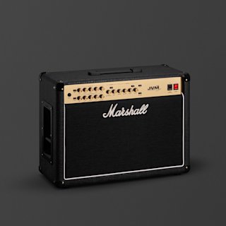 A black Marshall JVM205 Combo with brass control panel, knobs, handle on top, set against a plain dark grey background.
