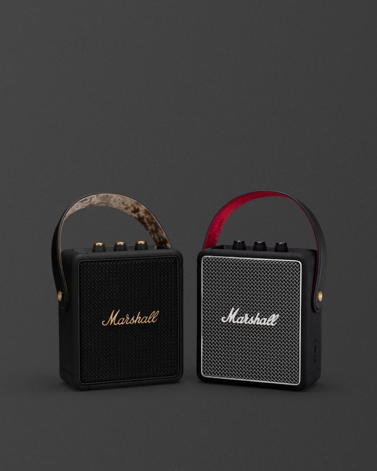 Marshall STOCKWELL II mini portable bluetooth speaker in black and red.
