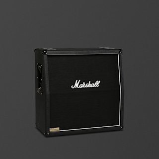 A black Marshall 1960AV guitar amplifier cabinet with a white logo and brass badge, placed against a plain dark background.