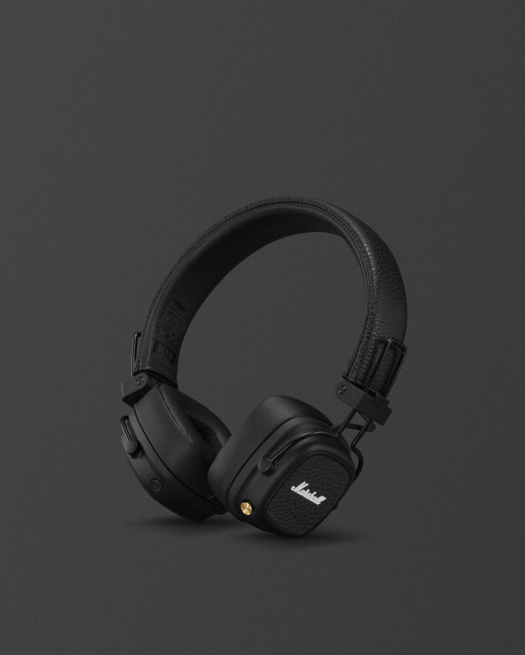 Major V Black Marshall on-ear headphones against a gray background.