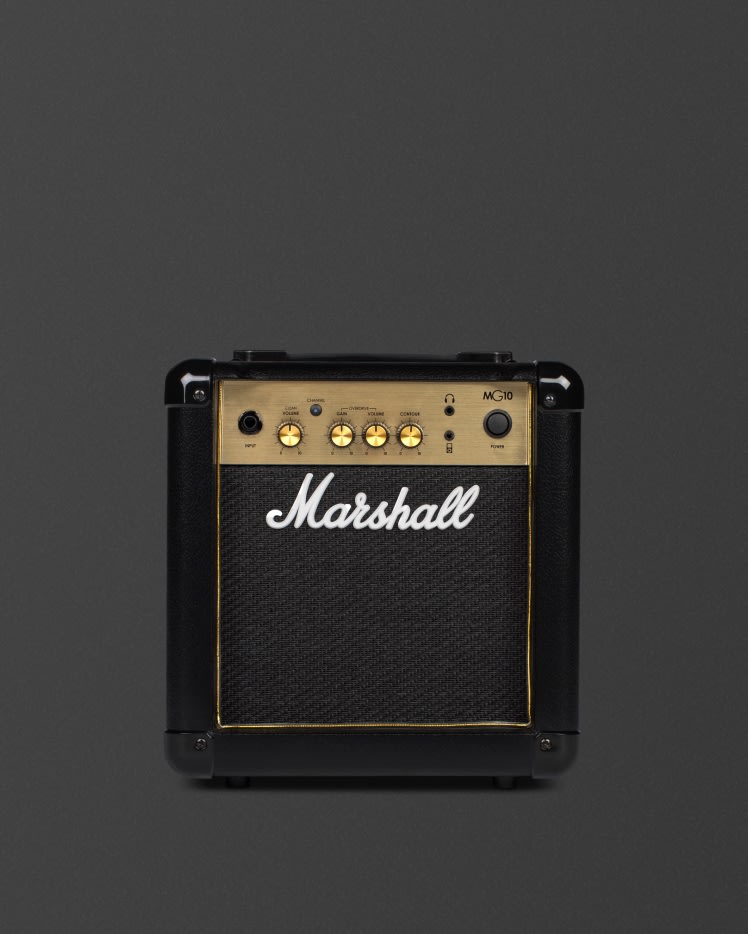 Marshall's MG10 black and gold amplifier.