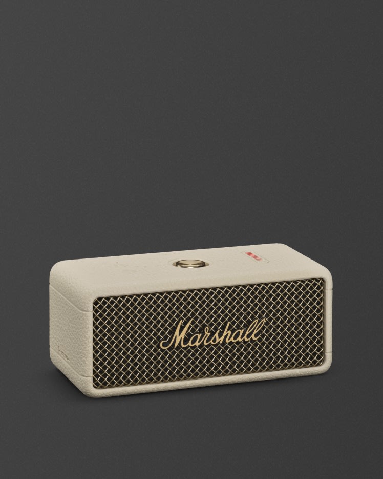 Marshall Emberton III Cream portable Bluetooth speaker against a dark background.