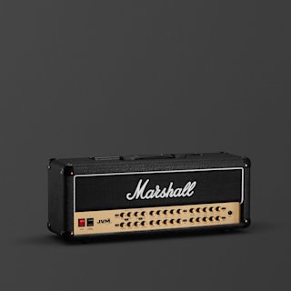 A black and brass Marshall JVM410 guitar amplifier head with multiple knobs and switches, set against a plain dark background.