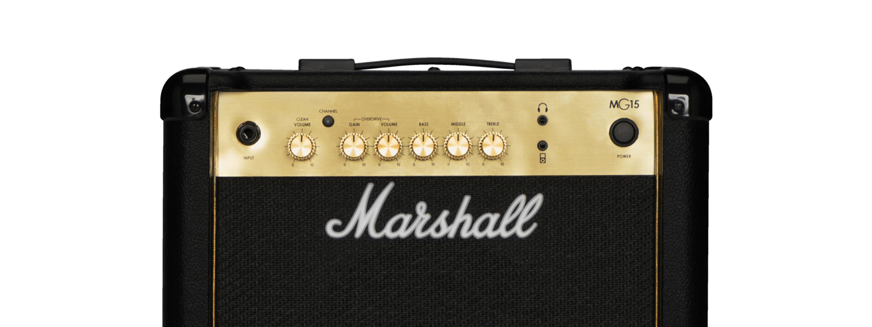 Parte superior del Marshall MG15G Combo mostrando detalles.