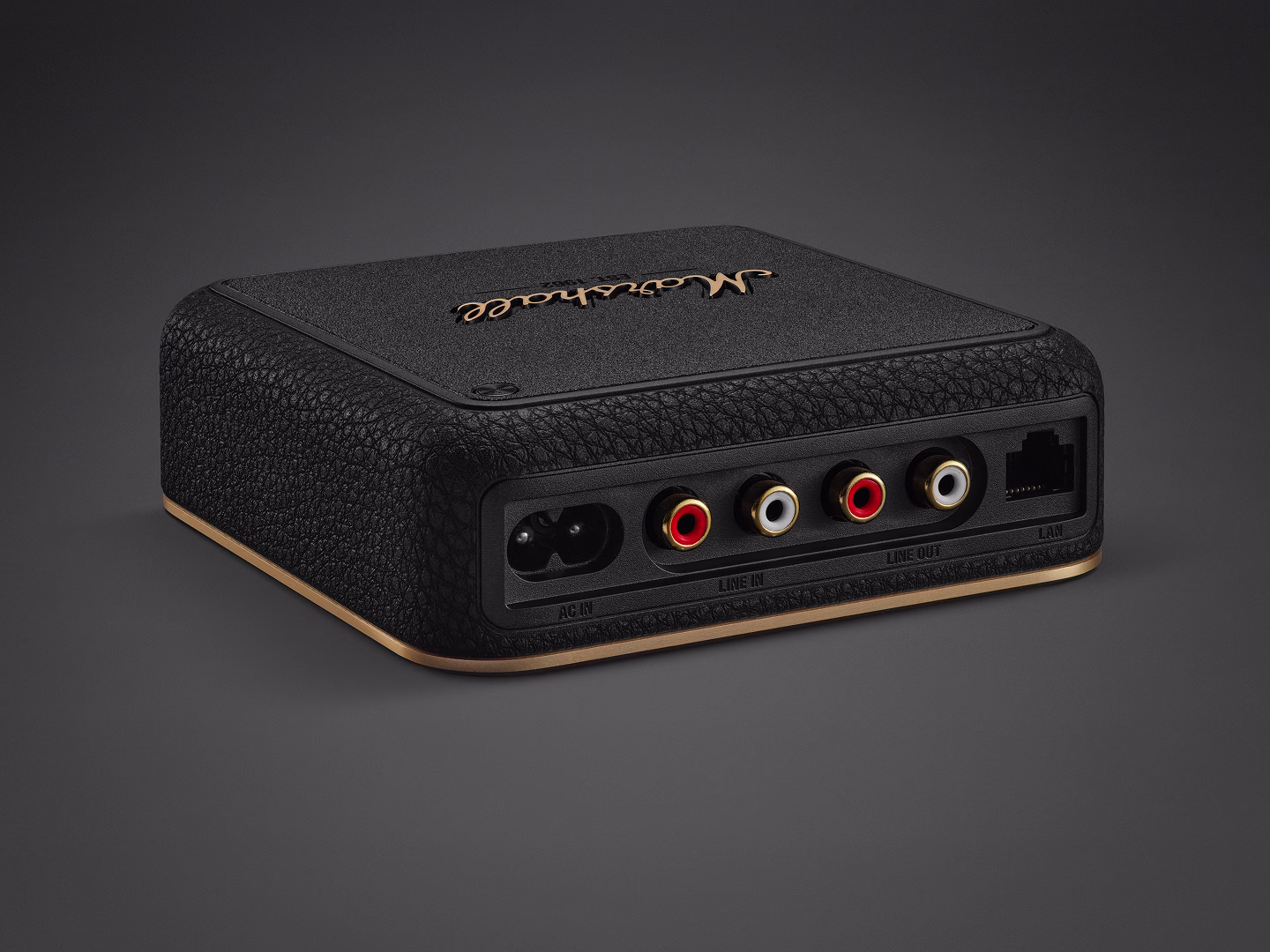 Heddon interface with ports for AC in, line in/out, and LAN, shown on a dark background.