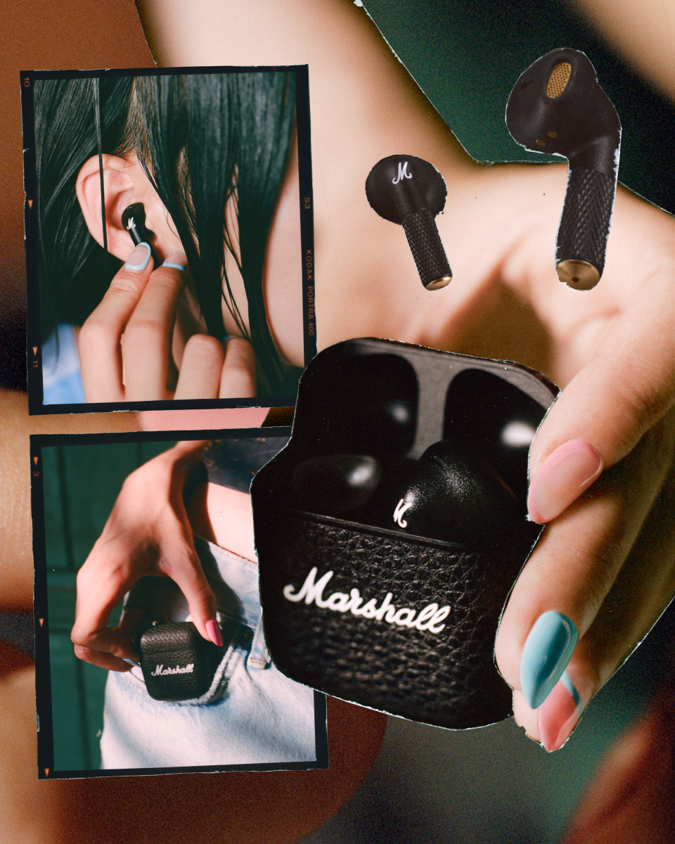 A collage showcasing Marshall Minor IV Black true wireless earbuds.