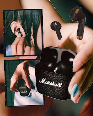 Marshall Minor IV Black トゥルーワイヤレスイヤホンを紹介するコラージュ。