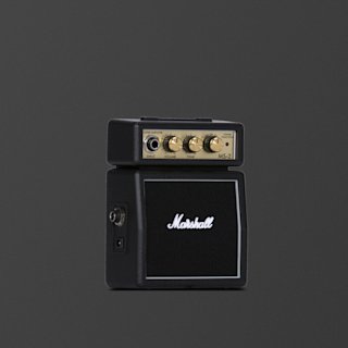 A black Marshall MS-2 guitar amplifier with brass control knobs and white logo, photographed against a plain dark background.
