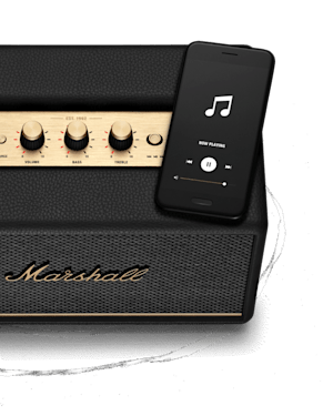 Black Acton III Bluetooth home speaker connected to the Marshall Bluetooth app