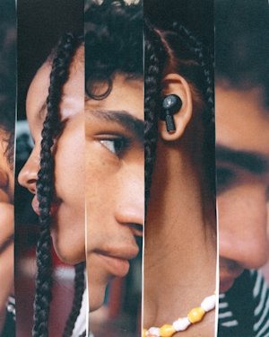 A collage-style image showcasing a close-up of a girl wearing Marshall Motif II A.N.C. true wireless earbuds.