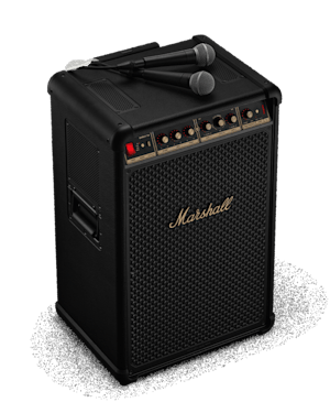 A Marshall Bromley 750 party speaker amplifier in black, featuring multiple control knobs and two microphones on top.