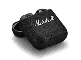 Marshall Minor IV Blackの充電ケースを開けてイヤホンを見せる。