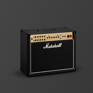A black Marshall JVM215 guitar amplifier combo with a brass control panel, multiple knobs and switches, white logo, and a carrying handle, set against a plain dark background.