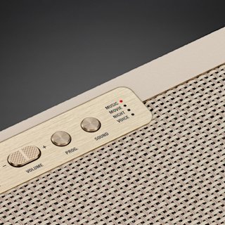 Close-up of a Marshall Heston 60 Cream soundbar panel, showing three control knobs labeled volume, prog., and sound, plus four sound mode options.