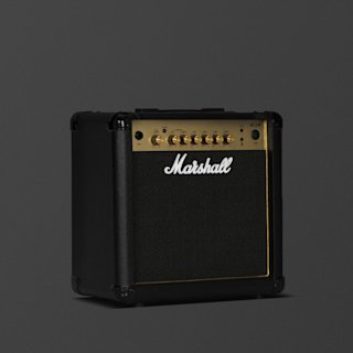 A black and brass Marshall MG15GR guitar amplifier combo with control knobs on the top panel is shown against a plain dark background.