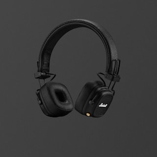 A pair of black Marshall Major V over-ear headphones with a padded headband and square ear cups, featuring a visible brass button and the Marshall logo on the side.