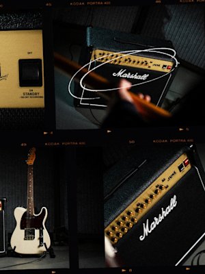 Collage of different shots of the Marshall JVM215 Combo amplifier.