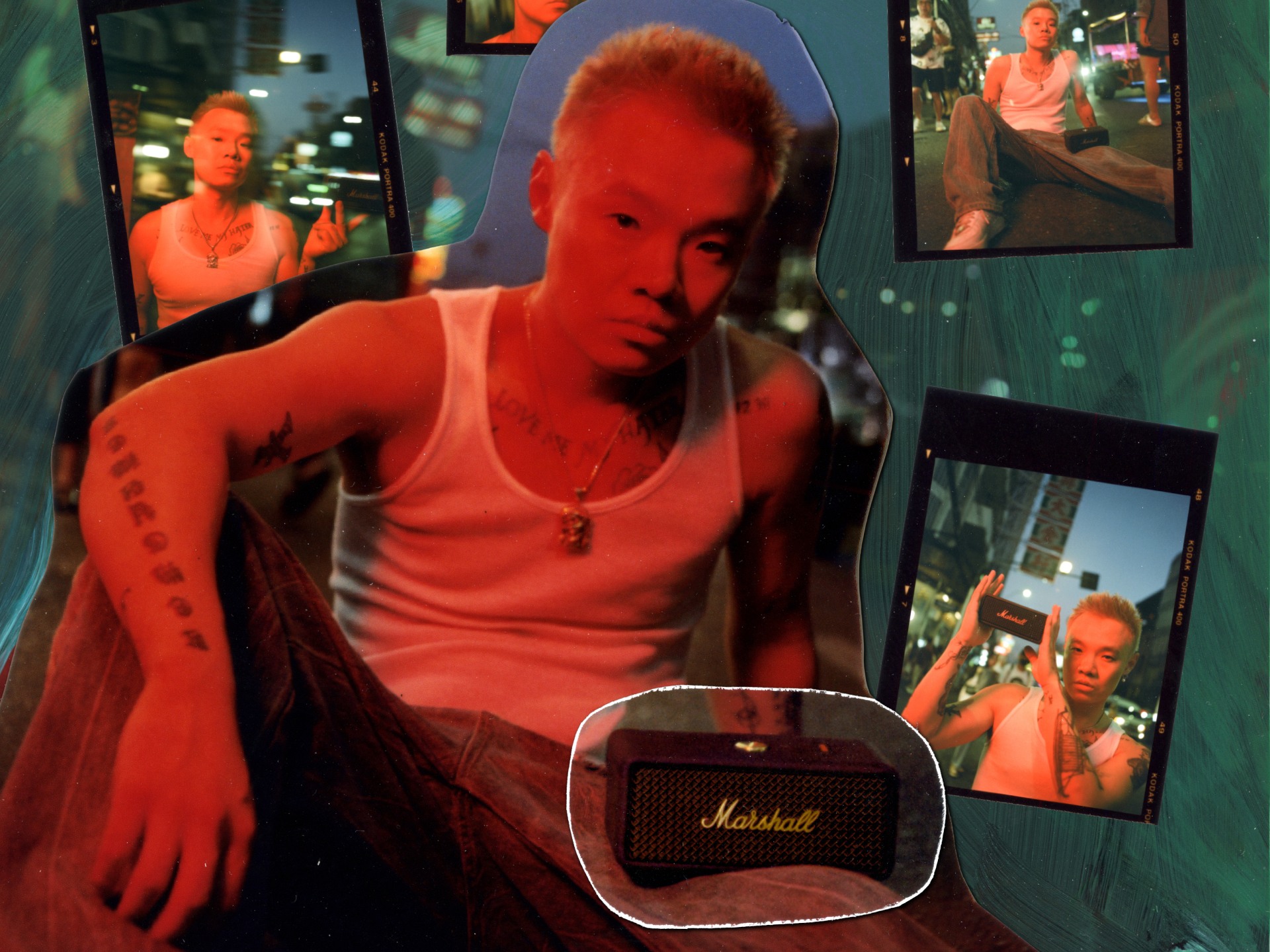 Photo collage of Bohan Phoenix with Marshall Emberton III Black and Brass portable bluetooth speaker.