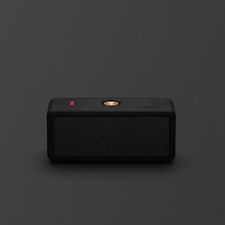A black Marshall Emberton II portable speaker with a textured front grill, a brass button on top, and a red LED indicator light, set against a dark background.