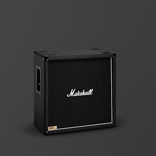 A black Marshall 1960B guitar amplifier speaker cabinet with the Marshall logo and brass label, photographed against a plain dark background.