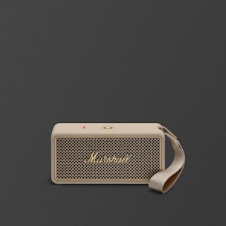 Marshall Middleton II Cremefarbener tragbarer Bluetooth-Lautsprecher mit goldener Mesh-Front und Stoffband vor dunklem Hintergrund.