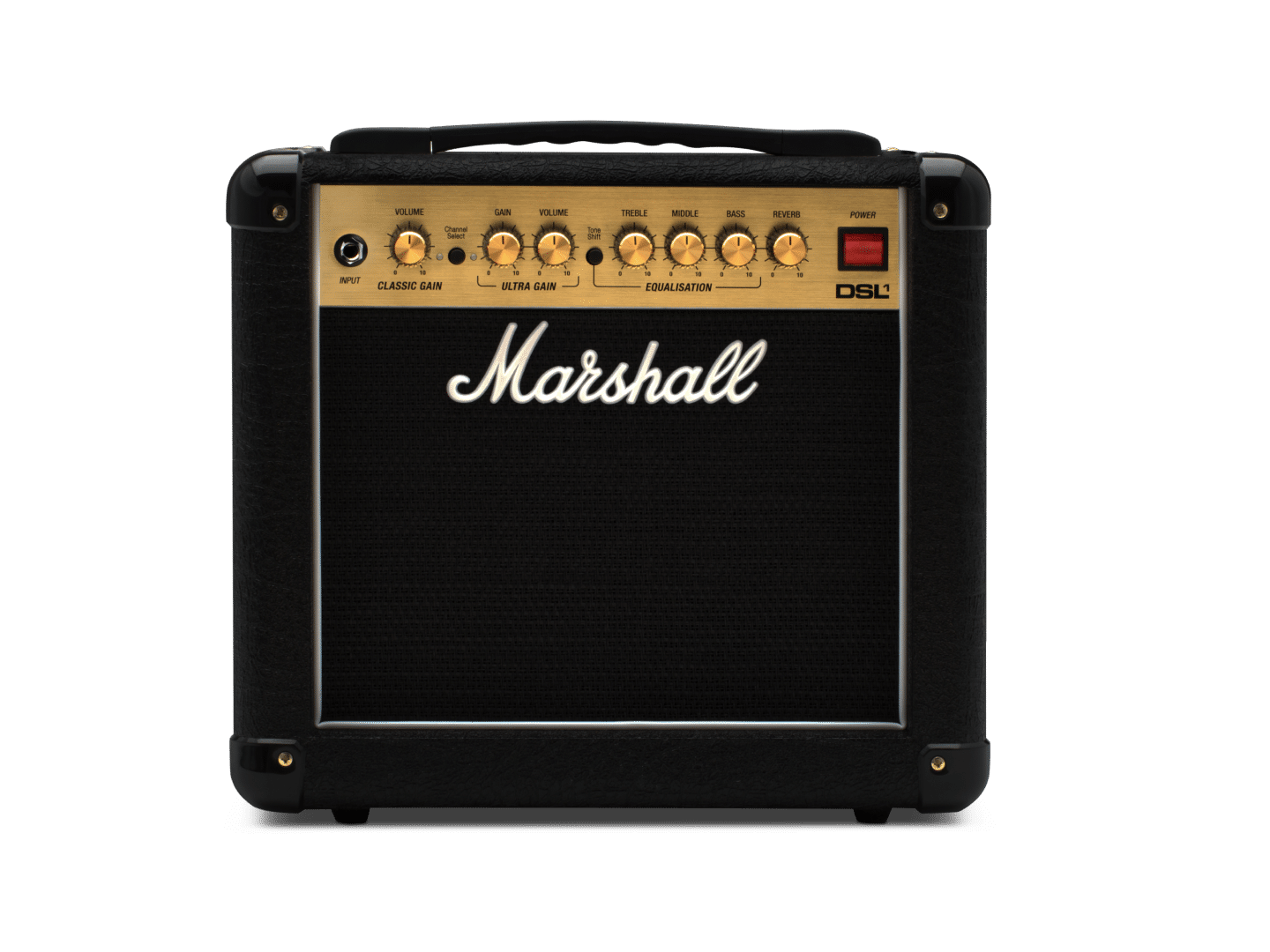 Vista frontal del amplificador Marshall DSL1 Combo sin fondo.