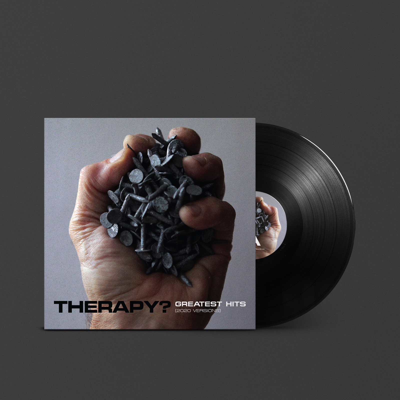 A black vinyl LP with the words "PDP GREATEST HITS (2020 VERSIONS), THERAPY?" on it, by Marshall.