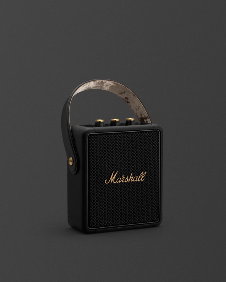 Marshall STOCKWELL II BLACK AND BRASS portable bluetooth speaker is a compact and lightweight option for music enthusiasts on the go.