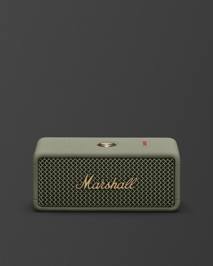 Marshall Emberton III Sage portable bluetooth speaker against a dark background.