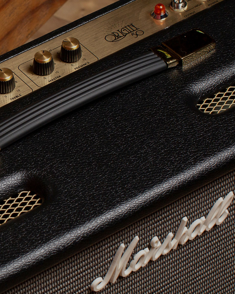 A focused image of the top part of a Marshall Black Amp